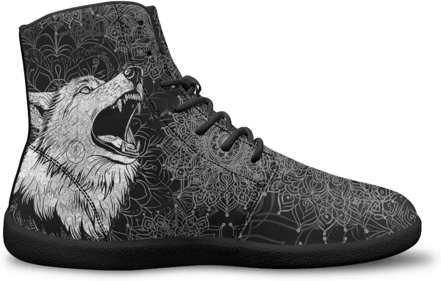 High Top Black White Mandala Animal Pattern Barefoot Shoes for Men Wide Toe Box Zero-Drop Minimalist Design