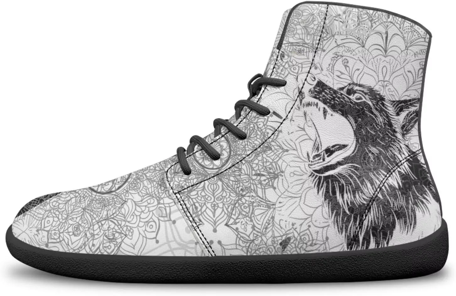 High Top Black White Mandala Animal Pattern Barefoot Shoes for Men Wide Toe Box Zero-Drop Minimalist Design