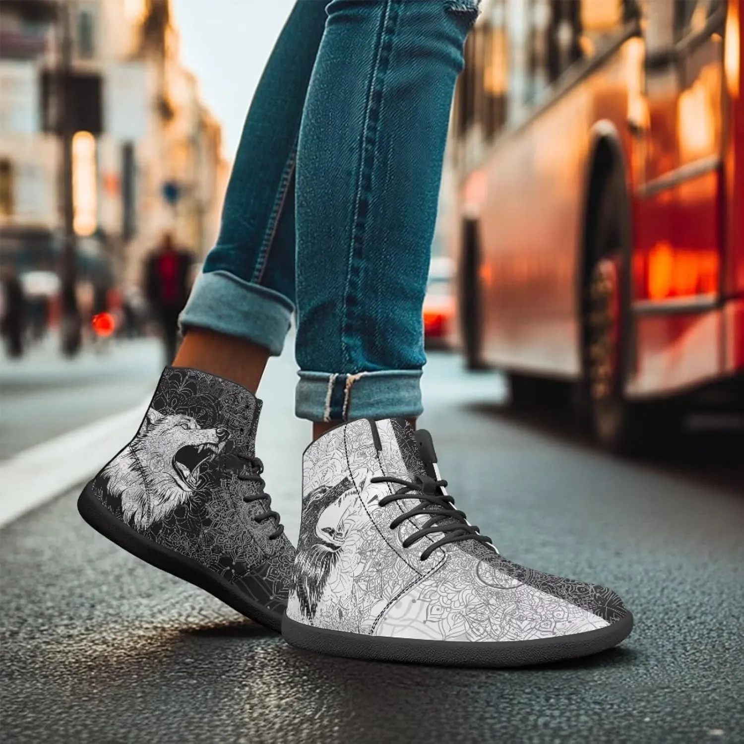 High Top Black White Mandala Animal Pattern Barefoot Shoes for Men Wide Toe Box Zero-Drop Minimalist Design