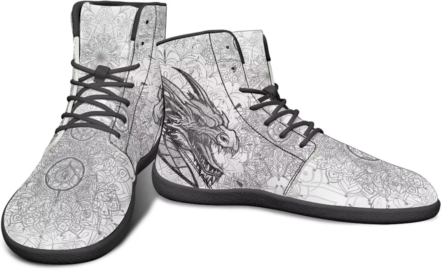 High Top Dragon Pattern Running Barefoot Shoes Black White Mandala PU Casual Gym Shoes Grounded Footwear for Men