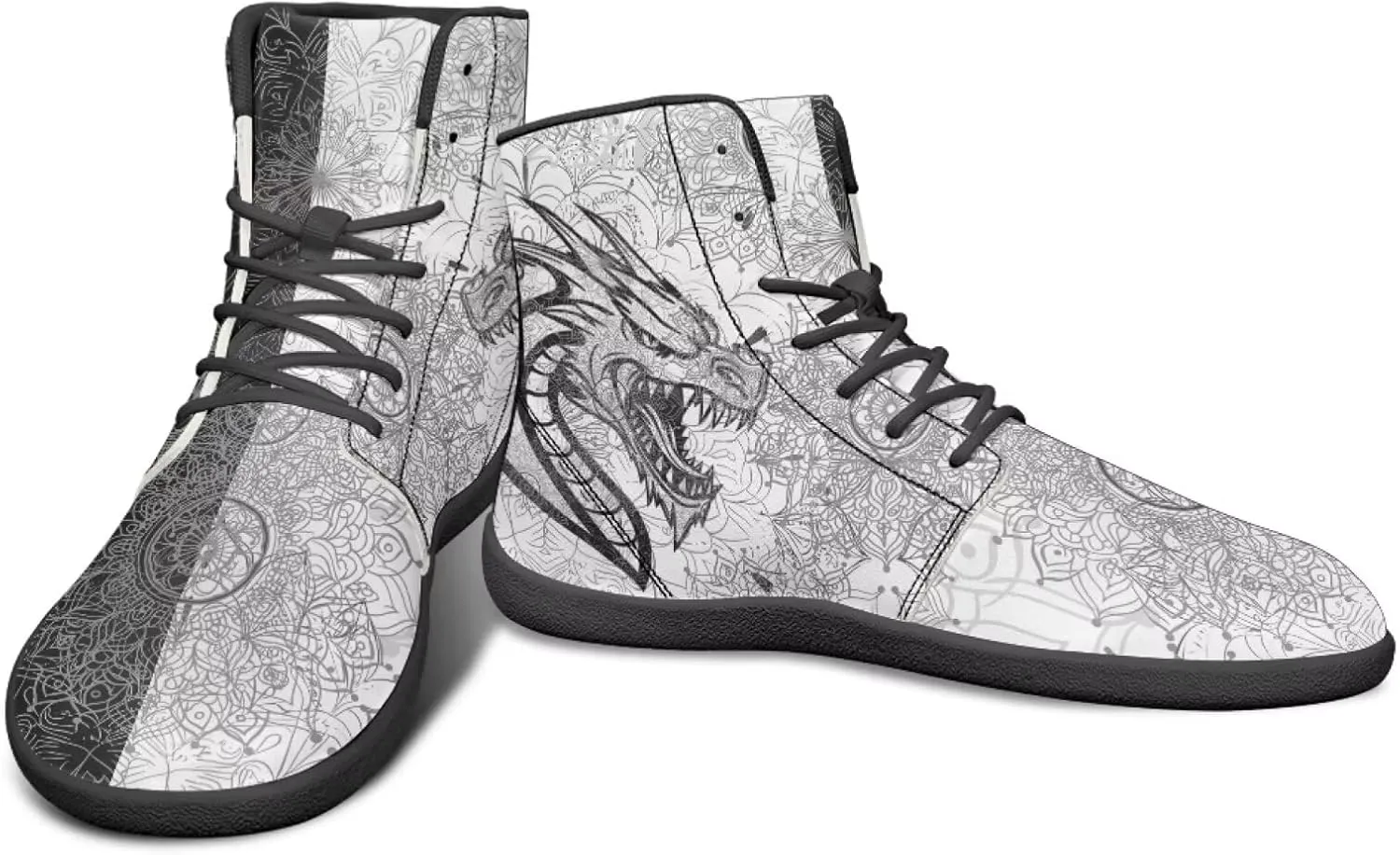 High Top Dragon Pattern Running Barefoot Shoes Black White Mandala PU Casual Gym Shoes Grounded Footwear for Men