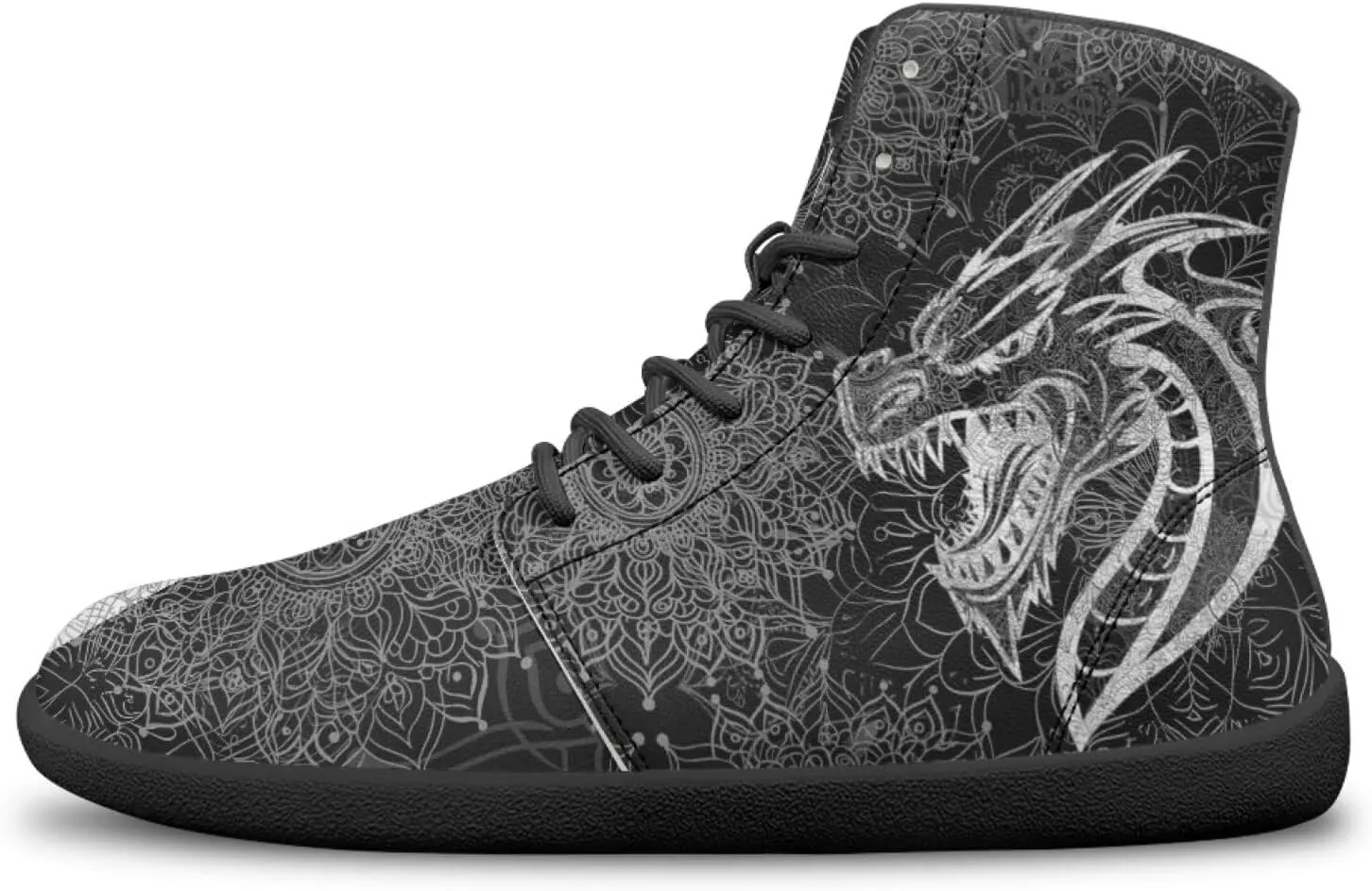 High Top Dragon Pattern Running Barefoot Shoes Black White Mandala PU Casual Gym Shoes Grounded Footwear for Men