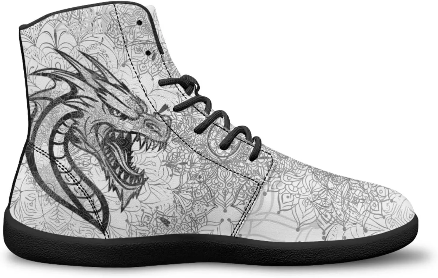 High Top Dragon Pattern Running Barefoot Shoes Black White Mandala PU Casual Gym Shoes Grounded Footwear for Men