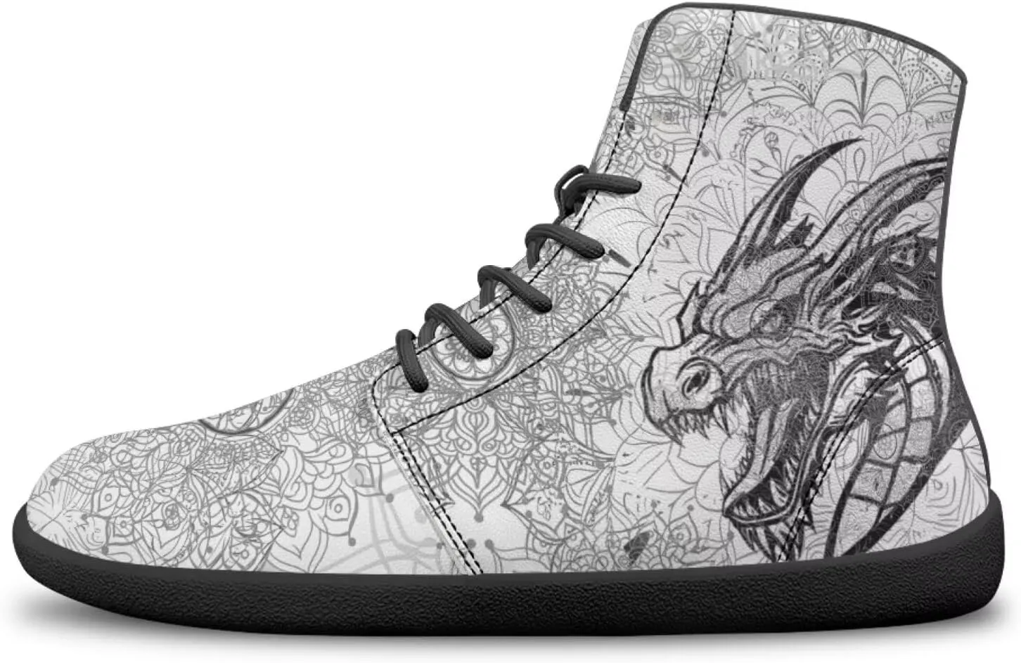 High Top Dragon Pattern Running Barefoot Shoes Black White Mandala PU Casual Gym Shoes Grounded Footwear for Men