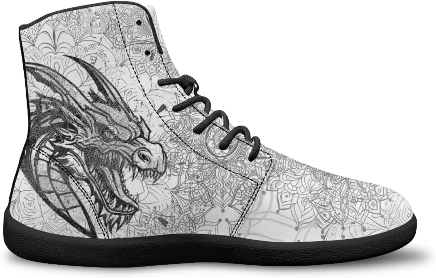 High Top Dragon Pattern Running Barefoot Shoes Black White Mandala PU Casual Gym Shoes Grounded Footwear for Men