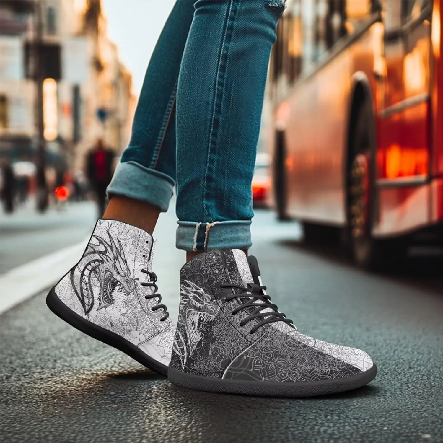 High Top Dragon Pattern Running Barefoot Shoes Black White Mandala PU Casual Gym Shoes Grounded Footwear for Men