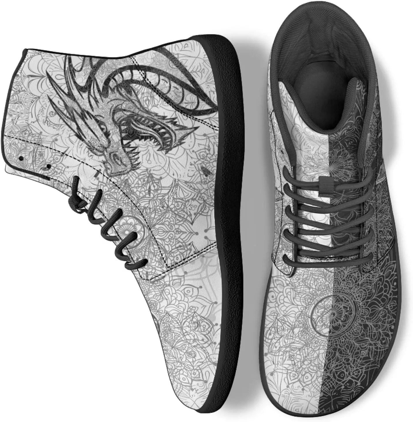 High Top Dragon Pattern Running Barefoot Shoes Black White Mandala PU Casual Gym Shoes Grounded Footwear for Men
