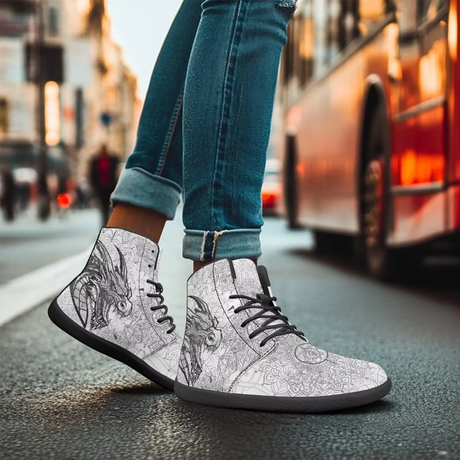 High Top Dragon Pattern Running Barefoot Shoes Black White Mandala PU Casual Gym Shoes Grounded Footwear for Men