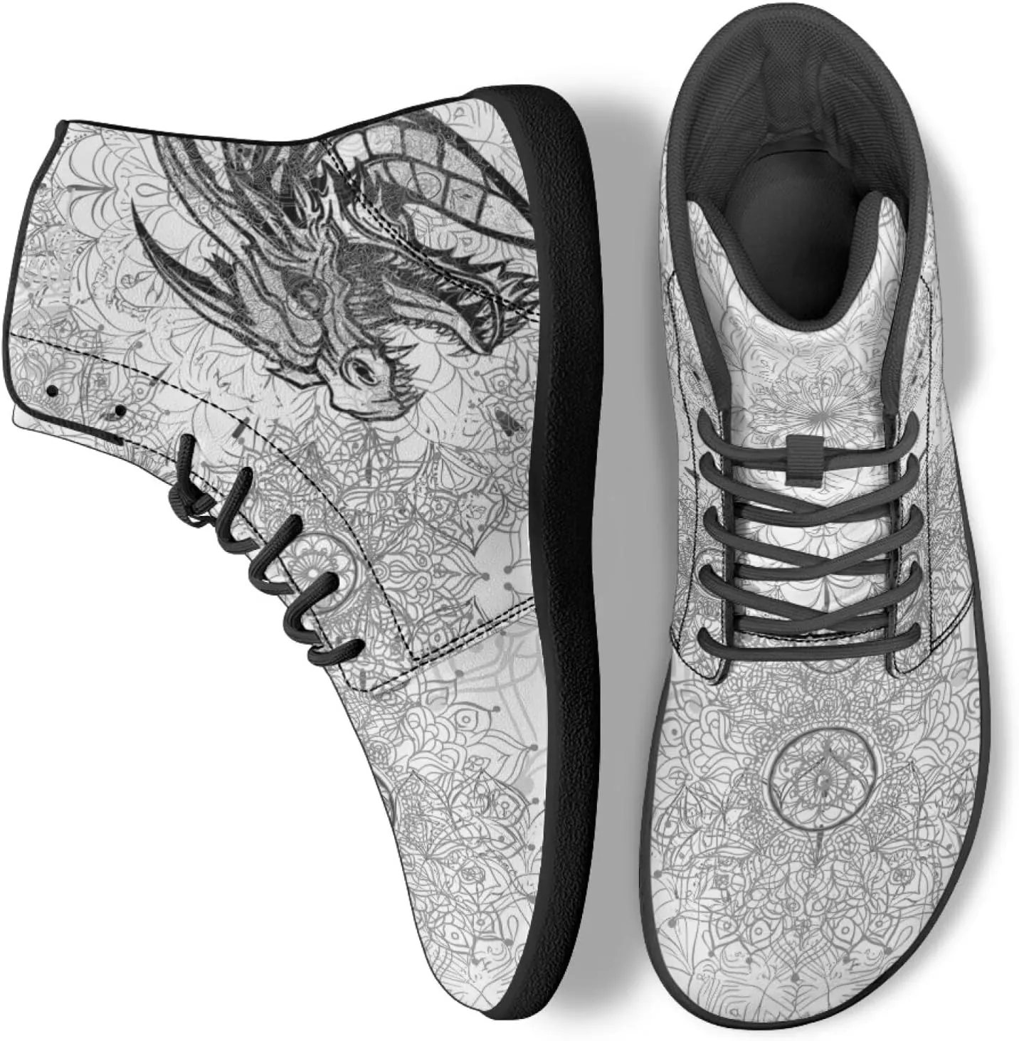 High Top Dragon Pattern Running Barefoot Shoes Black White Mandala PU Casual Gym Shoes Grounded Footwear for Men