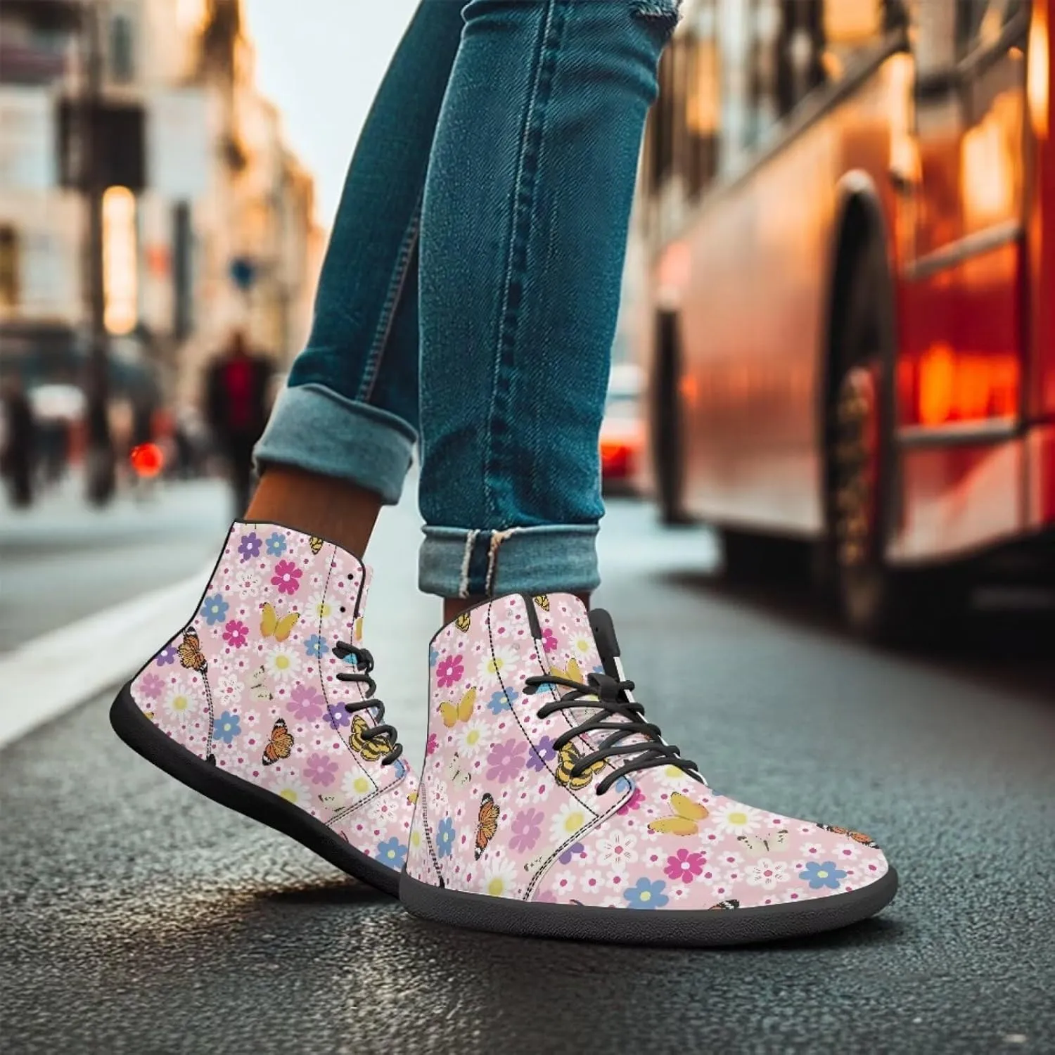 High Top Flower Design Wide Toe Barefoot Shoes for Men - Cross Training Running Shoes with Rubber Sole