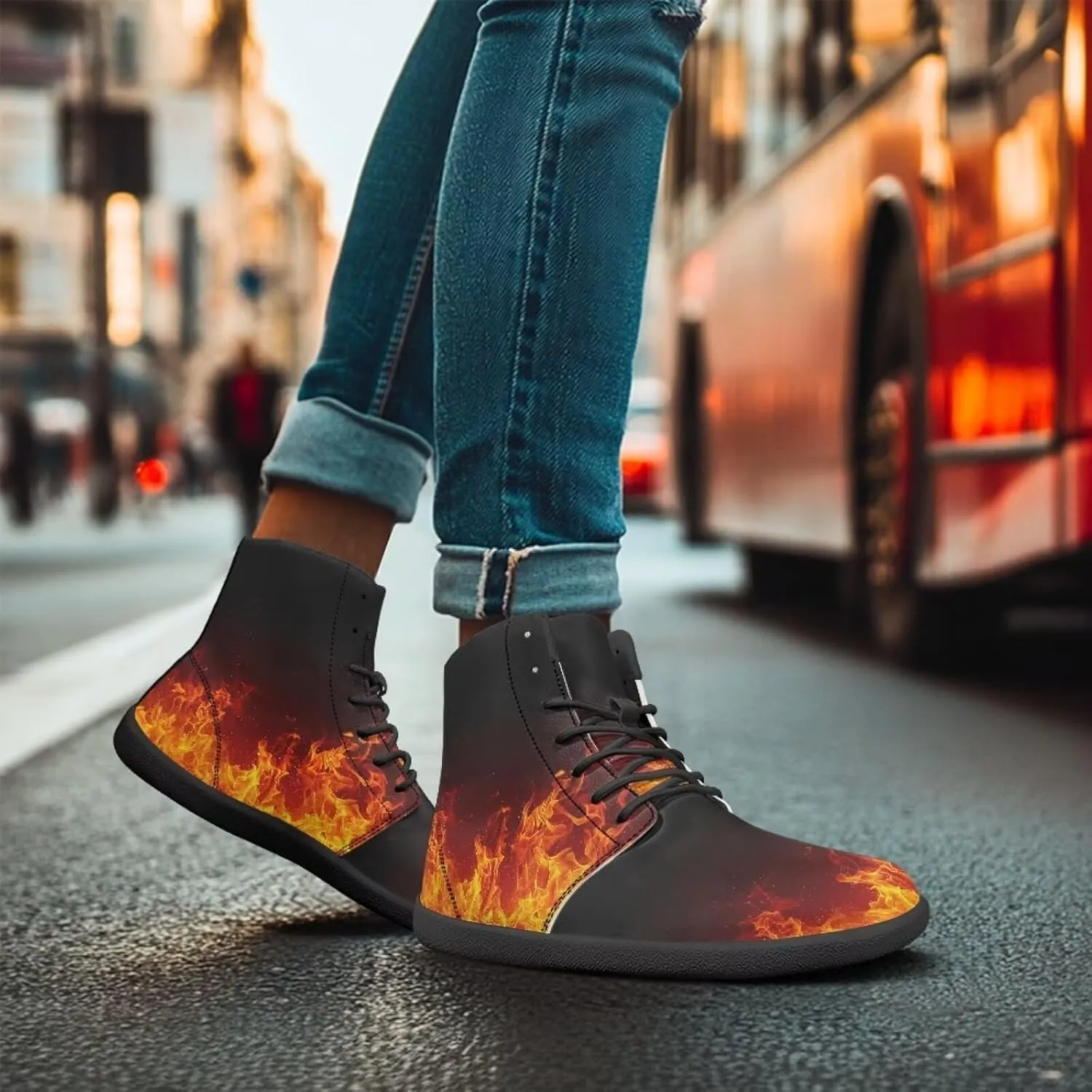 High Top Lightning Flame Pattern Zero-Drop Barefoot Shoes PU Leather Running Shoes Grounding Shoes for Men