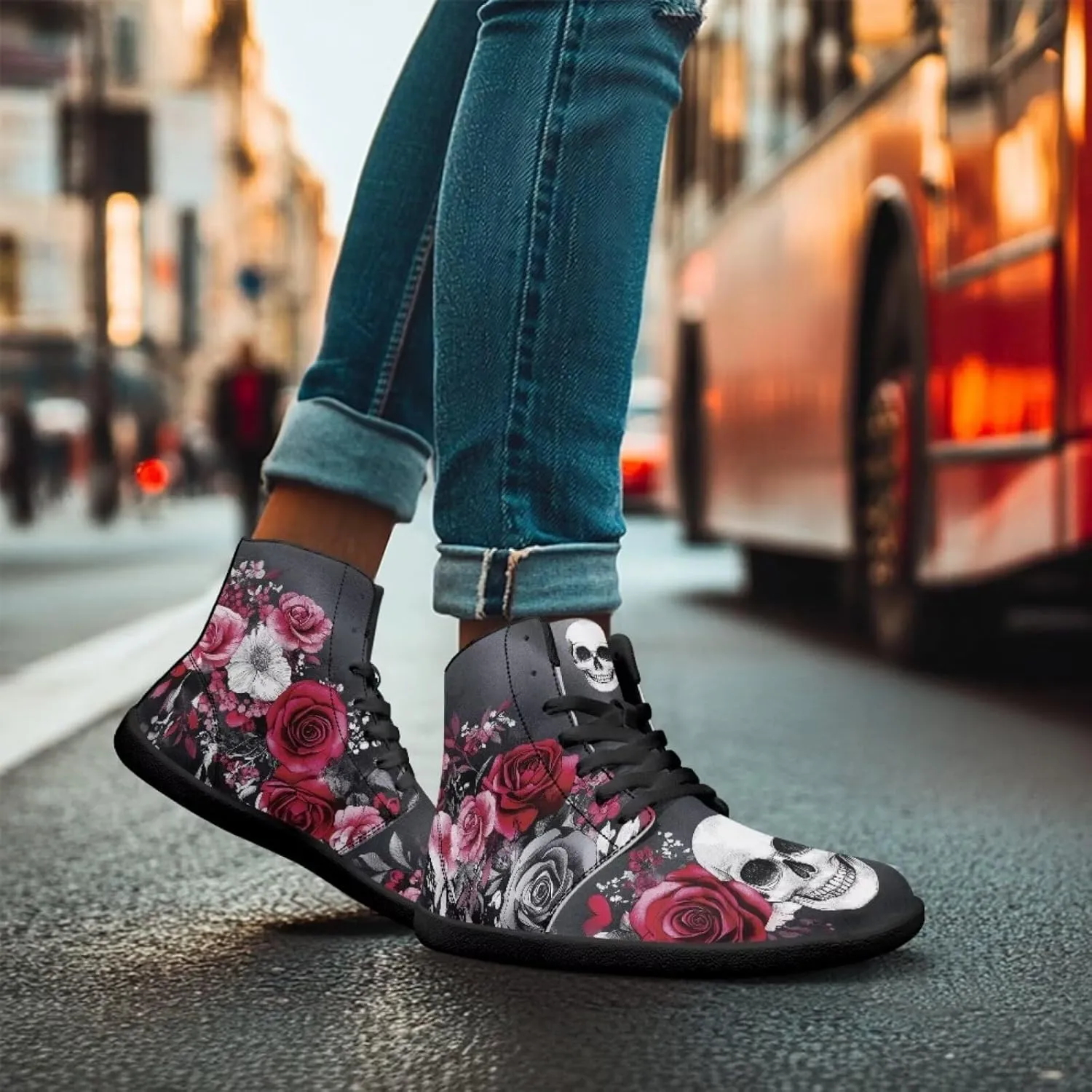 High Top Skull Print Barefoot Shoes for Men - Ultralight Sneakers with Rubber Sole for Travel and Running
