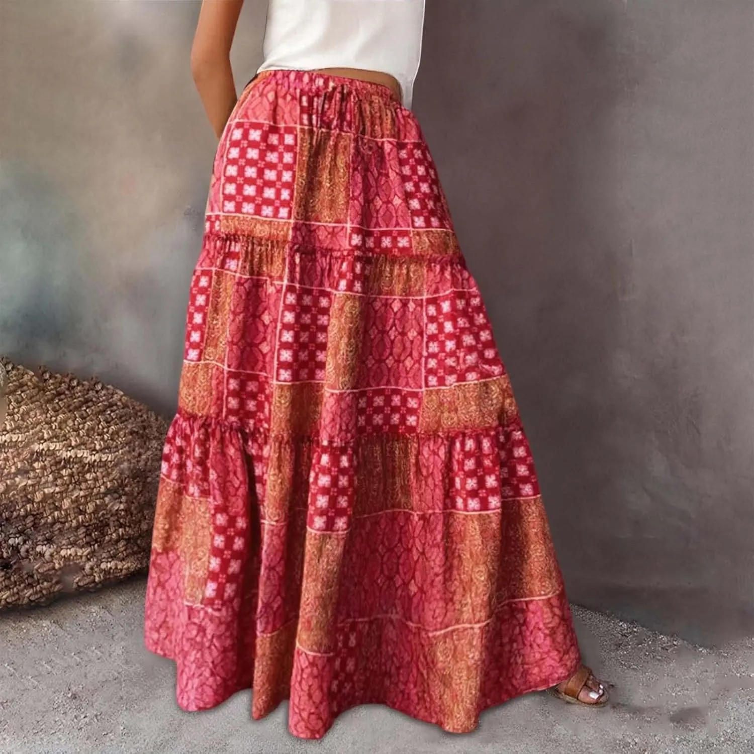 High Waisted Skirts for Women Boho Elastic Waisted Flowy Lightweight Skirt Drawstring Baggy Trendy Skorts with Pockets