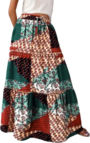 High Waisted Skirts for Women Boho Elastic Waisted Flowy Lightweight Skirt Drawstring Baggy Trendy Skorts with Pockets