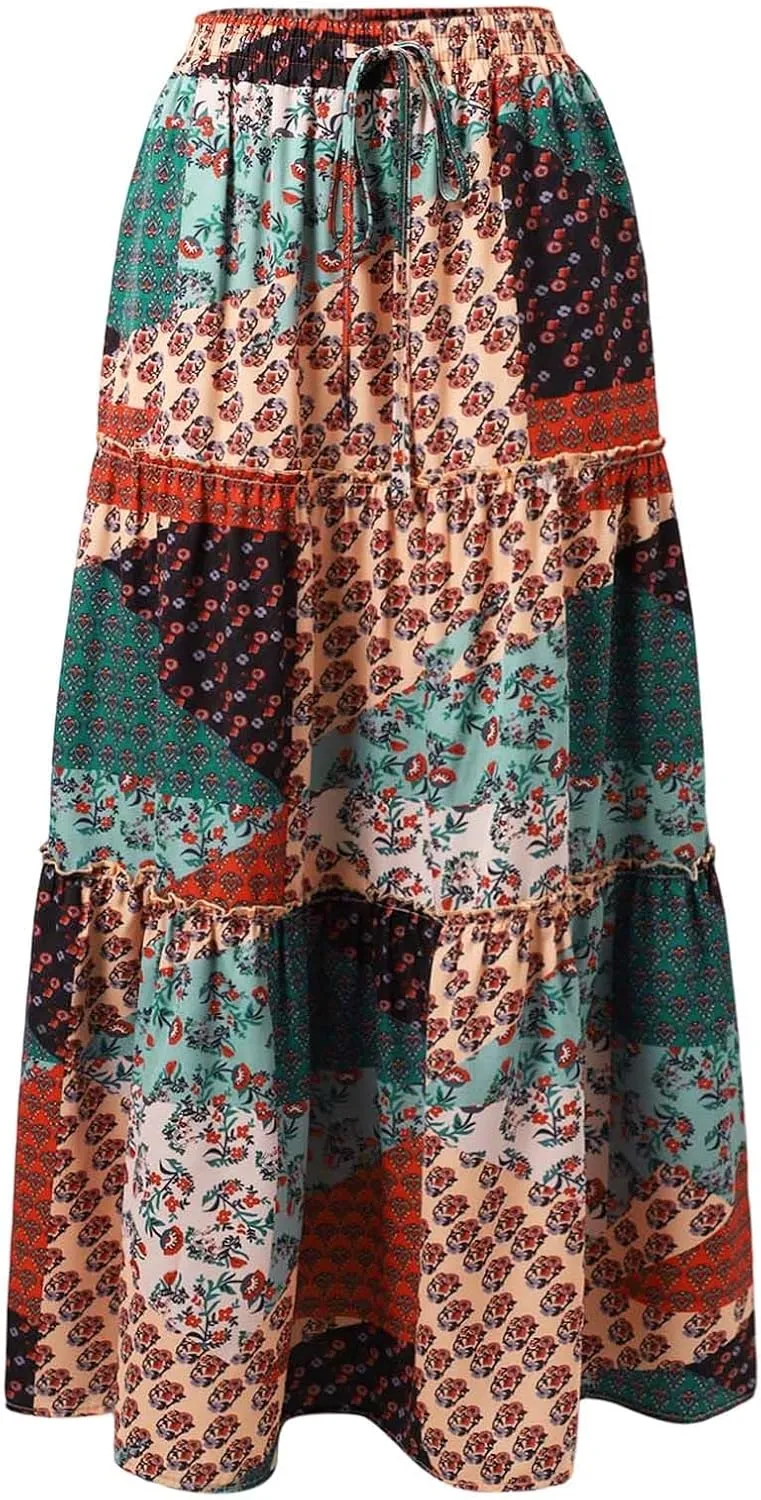 High Waisted Skirts for Women Boho Elastic Waisted Flowy Lightweight Skirt Drawstring Baggy Trendy Skorts with Pockets