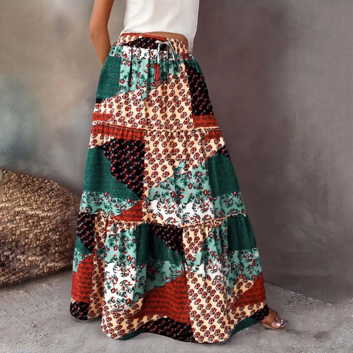 High Waisted Skirts for Women Boho Elastic Waisted Flowy Lightweight Skirt Drawstring Baggy Trendy Skorts with Pockets