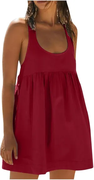 hlysgo Sundresses for Women 2024 Summer Sleeveless Crew Neck Mini Dress Casual Loose Fit Flowy Beach Sundress with Pockets