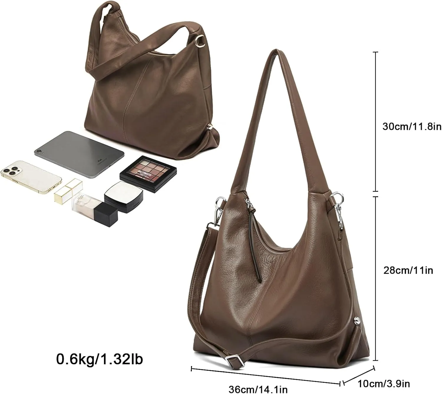 Hobo Bag Handbags for Women, Genuine Leather Crossbody Bags Shoulder Purses with Removable Strap