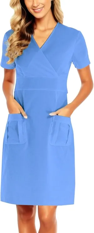 Holiday Scrub Dress for Women V Neck Short Sleeve Working Uniform Solid Color Summer Nurse Scrubs with Pocket Workwear