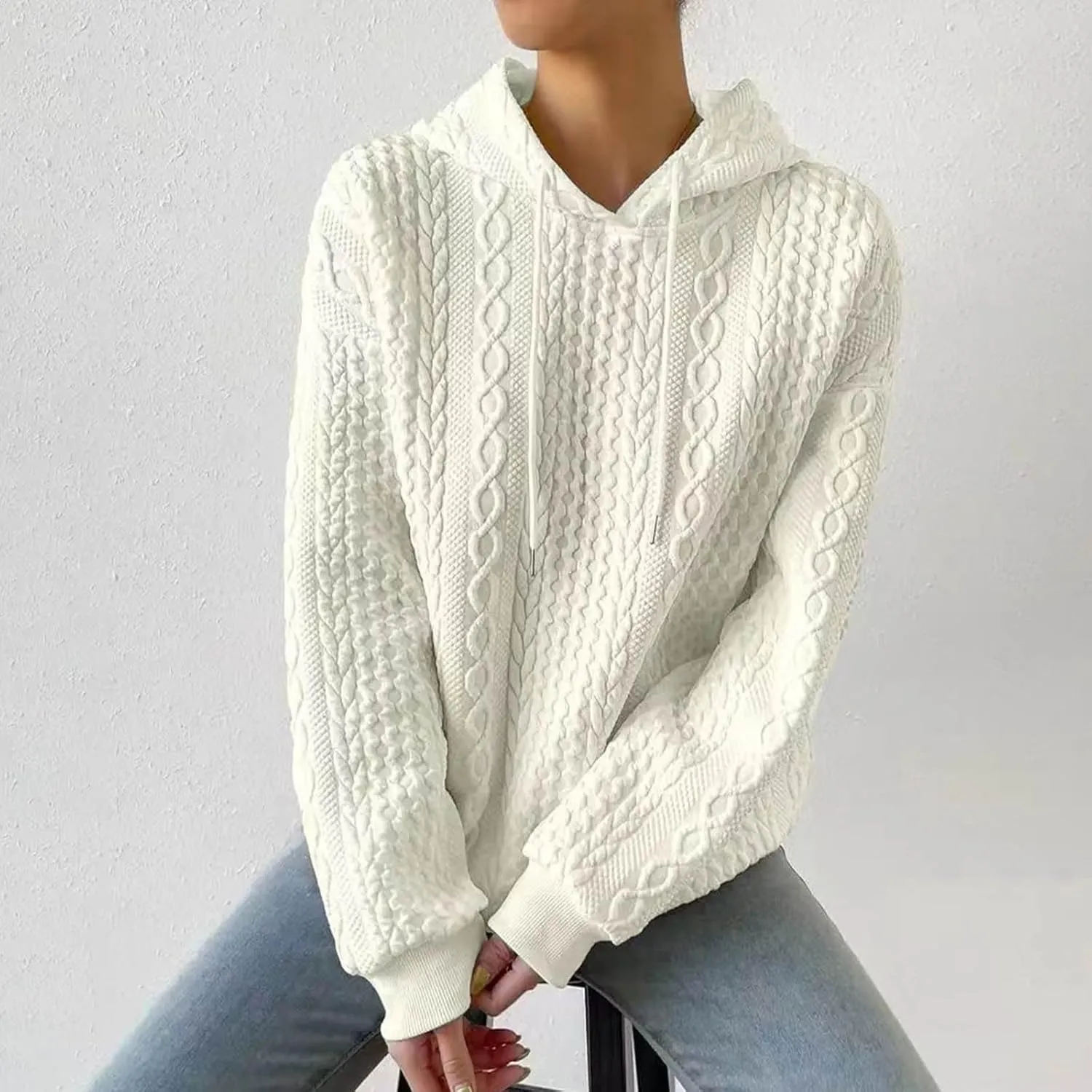 Hoodie Sweaters for Women Cable Knit Slouchy Long Sleeve Oversized Sweatshirt Cozy Chunky Y2K Hoodie Drawstring Pullover Tops