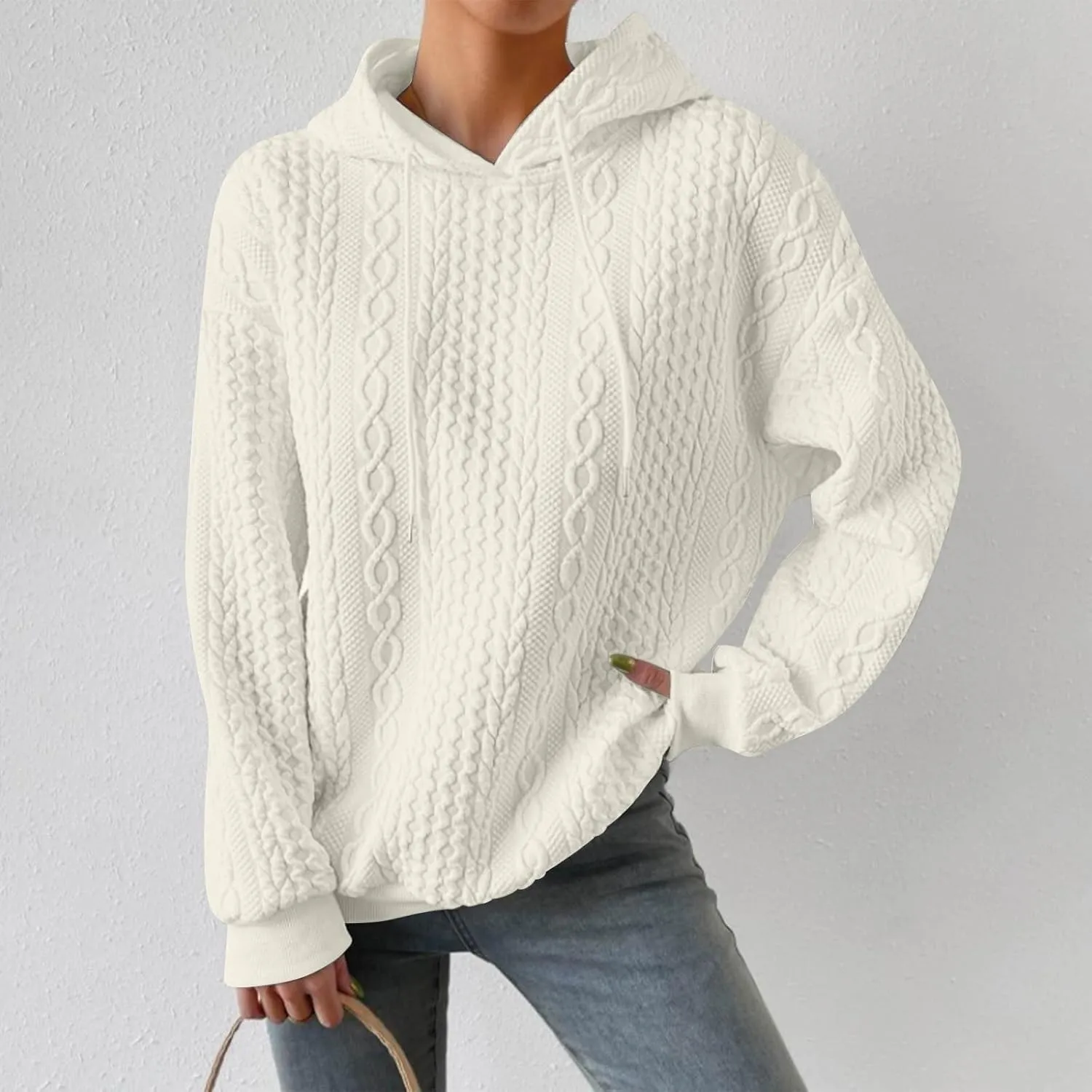 Hoodie Sweaters for Women Cable Knit Slouchy Long Sleeve Oversized Sweatshirt Cozy Chunky Y2K Hoodie Drawstring Pullover Tops