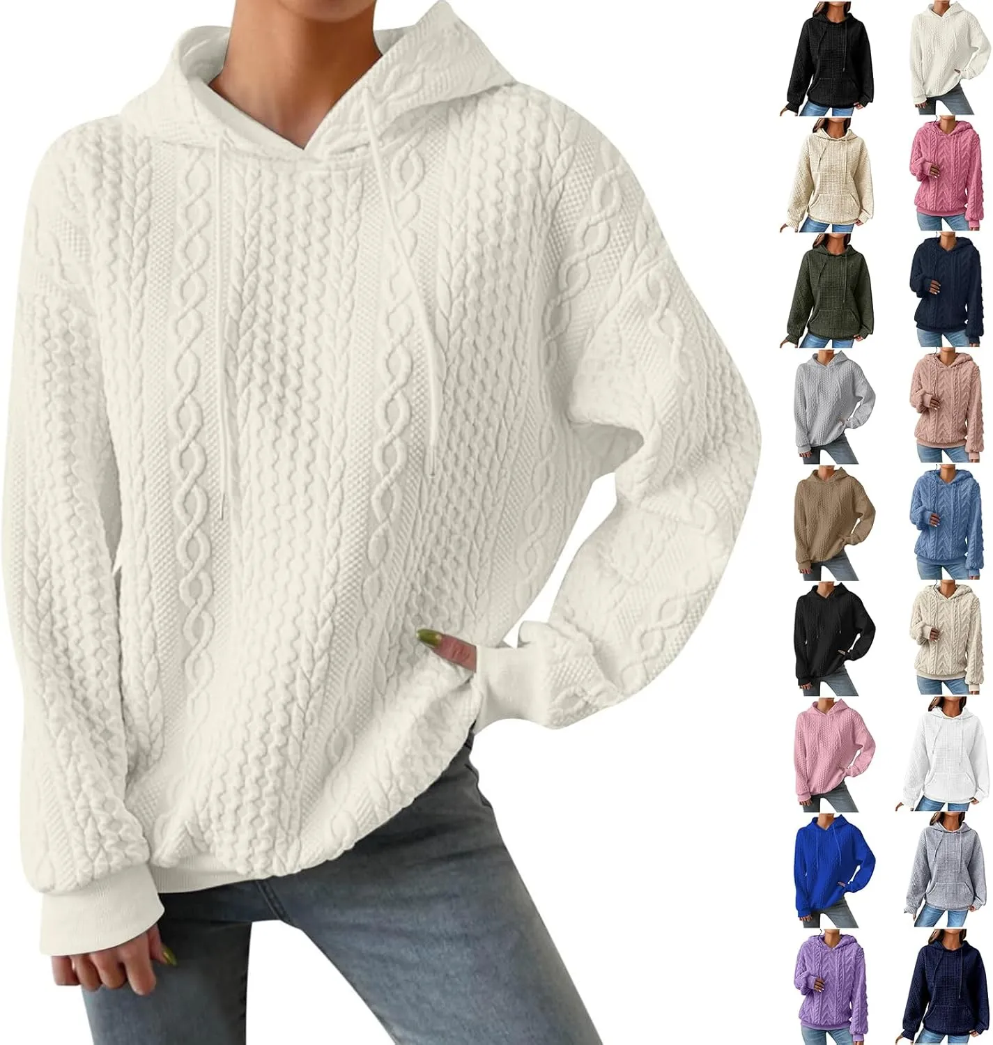 Hoodie Sweaters for Women Cable Knit Slouchy Long Sleeve Oversized Sweatshirt Cozy Chunky Y2K Hoodie Drawstring Pullover Tops