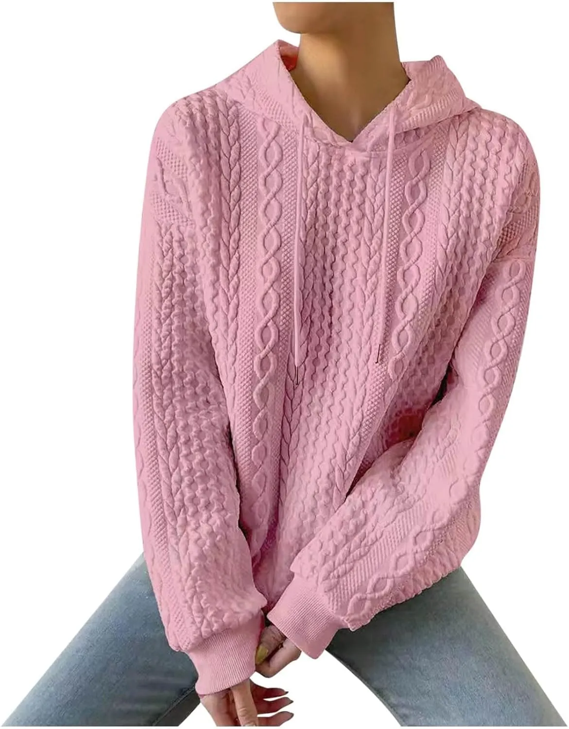 Hoodie Sweaters for Women Cable Knit Slouchy Long Sleeve Oversized Sweatshirt Cozy Chunky Y2K Hoodie Drawstring Pullover Tops