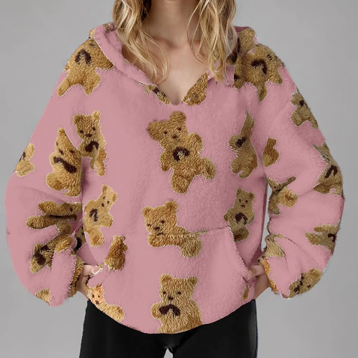 Hoodies For Teen Girls Oversized Sherpa Hoodie Women Fuzzy Fleece Hooded Sweatshirt Cute Teddy Bear Print Pullover Tops