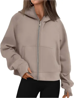 Hoodies for Women Zip Up Jacket Cropped Hoodie Fleece Oversized Sweatshirt Fall Outfits Y2K Winter Clothes Thumb Hole