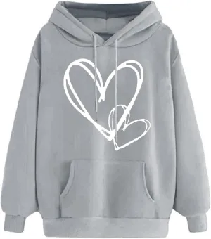 Hoodies For Women,Oversized Love Heart Print Pullover Tops With Pocket Casual Fleece Long Sleeve Hoodie Sweatshirt 2024