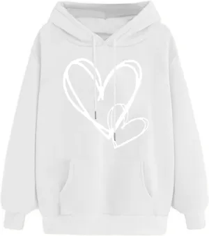 Hoodies For Women,Oversized Love Heart Print Pullover Tops With Pocket Casual Fleece Long Sleeve Hoodie Sweatshirt 2024