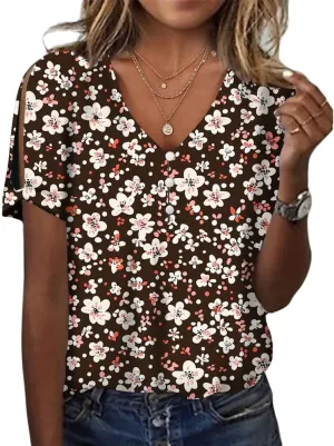 HOTYD Women's Boho Floral Print Ladies Short Sleeve Tops Summer Blouses Dressy Casual V Neck Cold Shoulder Tunic Tops