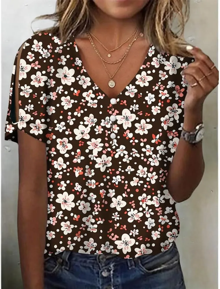 HOTYD Women's Boho Floral Print Ladies Short Sleeve Tops Summer Blouses Dressy Casual V Neck Cold Shoulder Tunic Tops