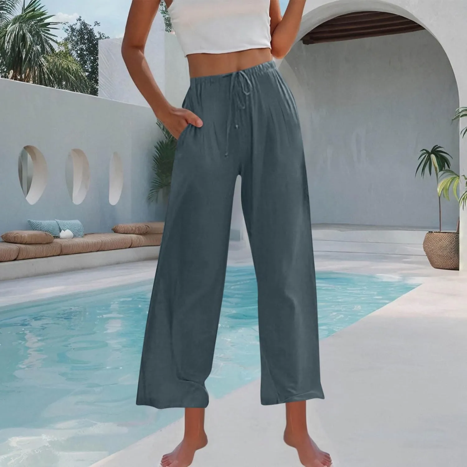 Hvyesh Flowy Linen Pants Women Wide Leg High Waisted Palazzo for Summer Beach Vacation Clothes Women's Casual Trousers
