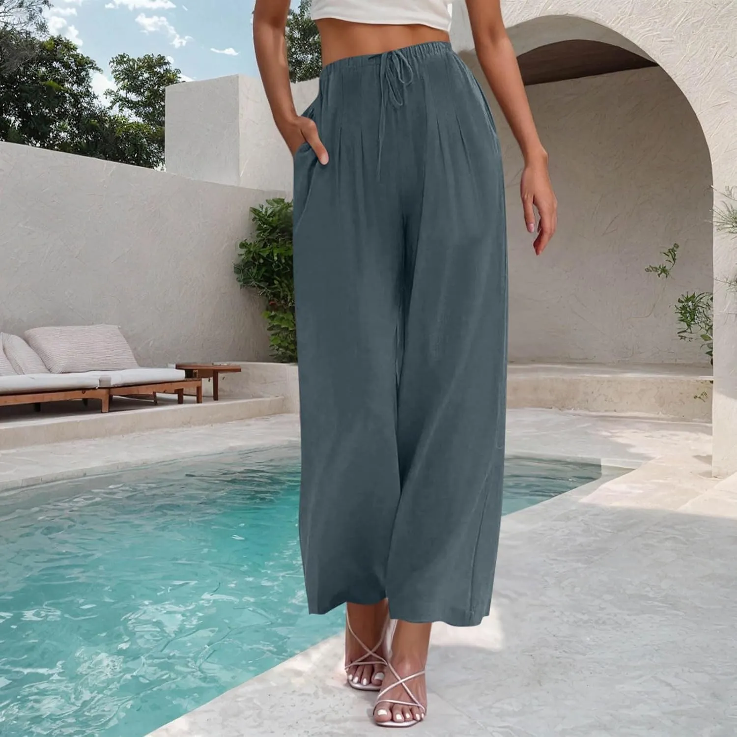 Hvyesh Flowy Linen Pants Women Wide Leg High Waisted Palazzo for Summer Beach Vacation Clothes Women's Casual Trousers