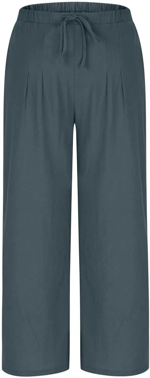 Hvyesh Flowy Linen Pants Women Wide Leg High Waisted Palazzo for Summer Beach Vacation Clothes Women's Casual Trousers