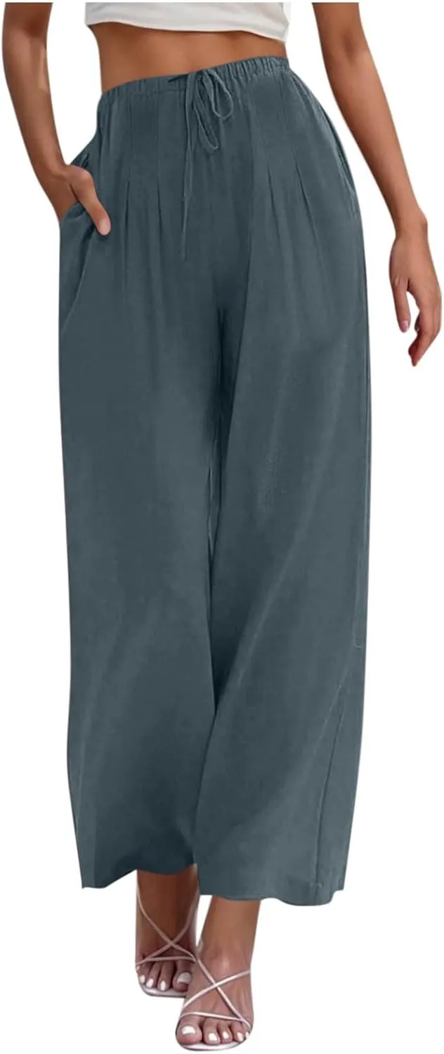 Hvyesh Flowy Linen Pants Women Wide Leg High Waisted Palazzo for Summer Beach Vacation Clothes Women's Casual Trousers