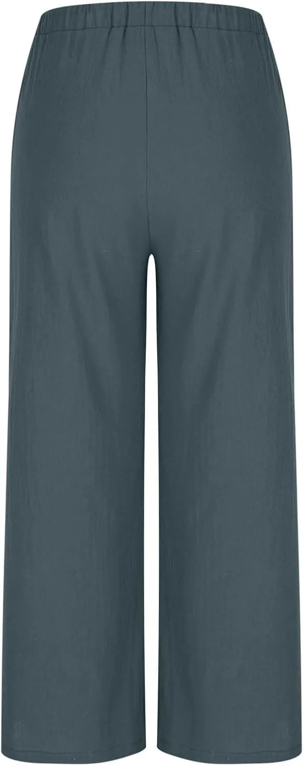 Hvyesh Flowy Linen Pants Women Wide Leg High Waisted Palazzo for Summer Beach Vacation Clothes Women's Casual Trousers