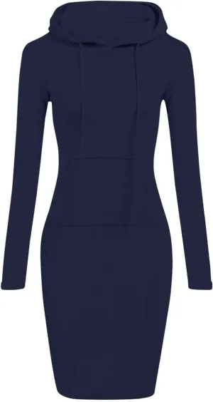 HXHYQKP Hoodie Dress for Women 2025 Fashion Sweatshirt Dress Knee Length Slim Pullover Hoodie Dresses with Pockets