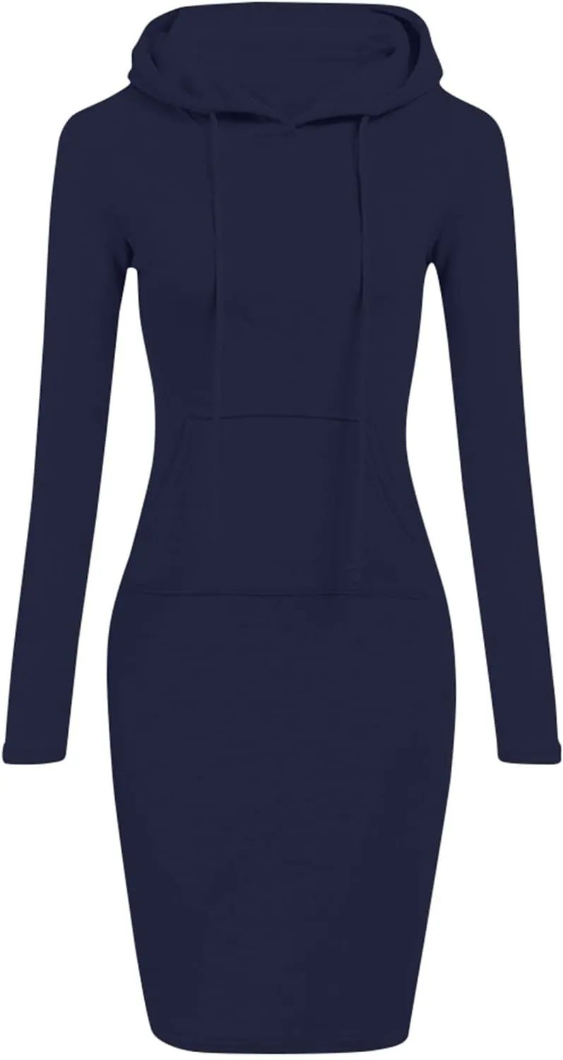 HXHYQKP Hoodie Dress for Women 2025 Fashion Sweatshirt Dress Knee Length Slim Pullover Hoodie Dresses with Pockets