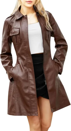 iLH Women's Mid Length Leather Jacket with Belt and Long Sleeved Leather Windbreaker British Coat Womens Casual Jacket