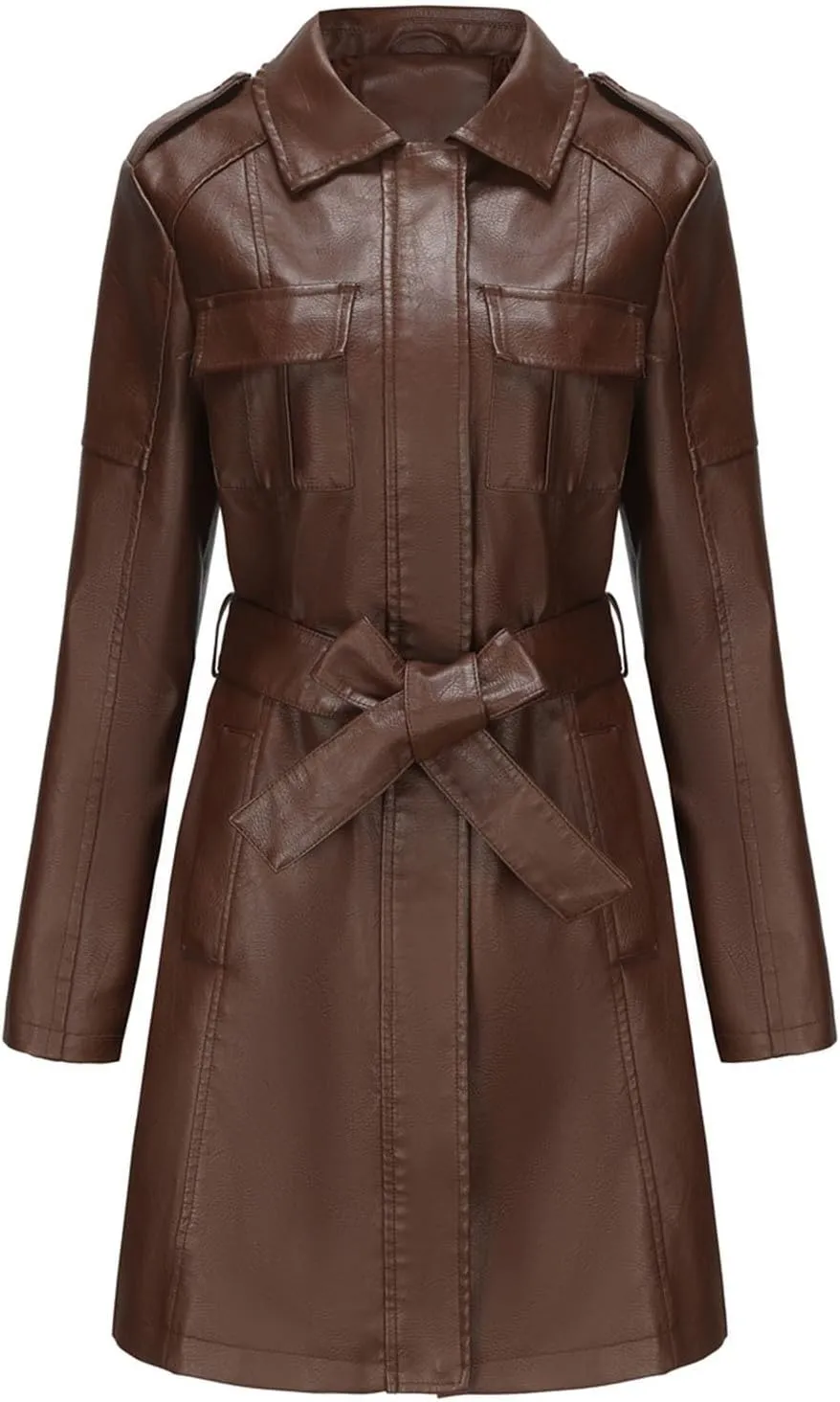 iLH Women's Mid Length Leather Jacket with Belt and Long Sleeved Leather Windbreaker British Coat Womens Casual Jacket