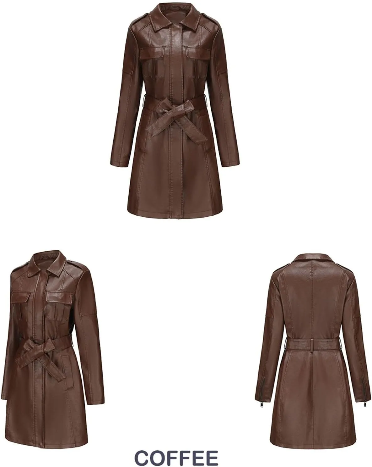 iLH Women's Mid Length Leather Jacket with Belt and Long Sleeved Leather Windbreaker British Coat Womens Casual Jacket