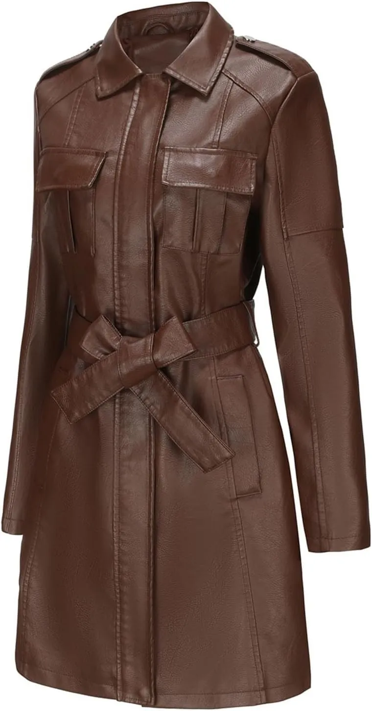 iLH Women's Mid Length Leather Jacket with Belt and Long Sleeved Leather Windbreaker British Coat Womens Casual Jacket