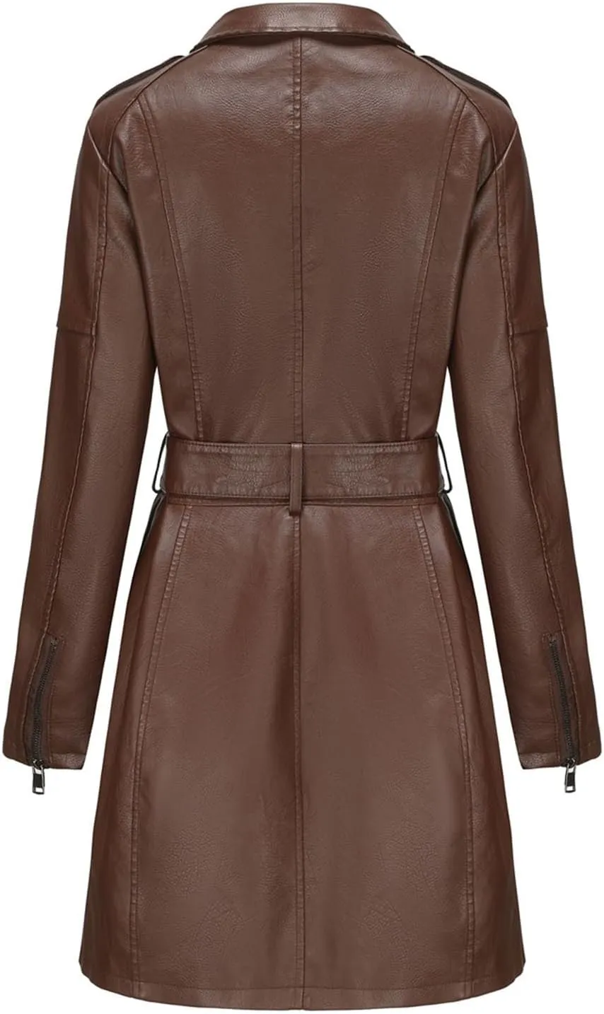 iLH Women's Mid Length Leather Jacket with Belt and Long Sleeved Leather Windbreaker British Coat Womens Casual Jacket