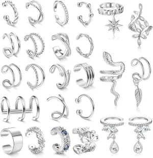 JeryWe 25 Pcs Gold Ear Cuffs for Women Non Piercing Adjustable Ear Cuff Fake Piercings Clip On Upper Ear Cartilage Earrings Helix Wrap Ear Cuff Jewelry Set Sliver