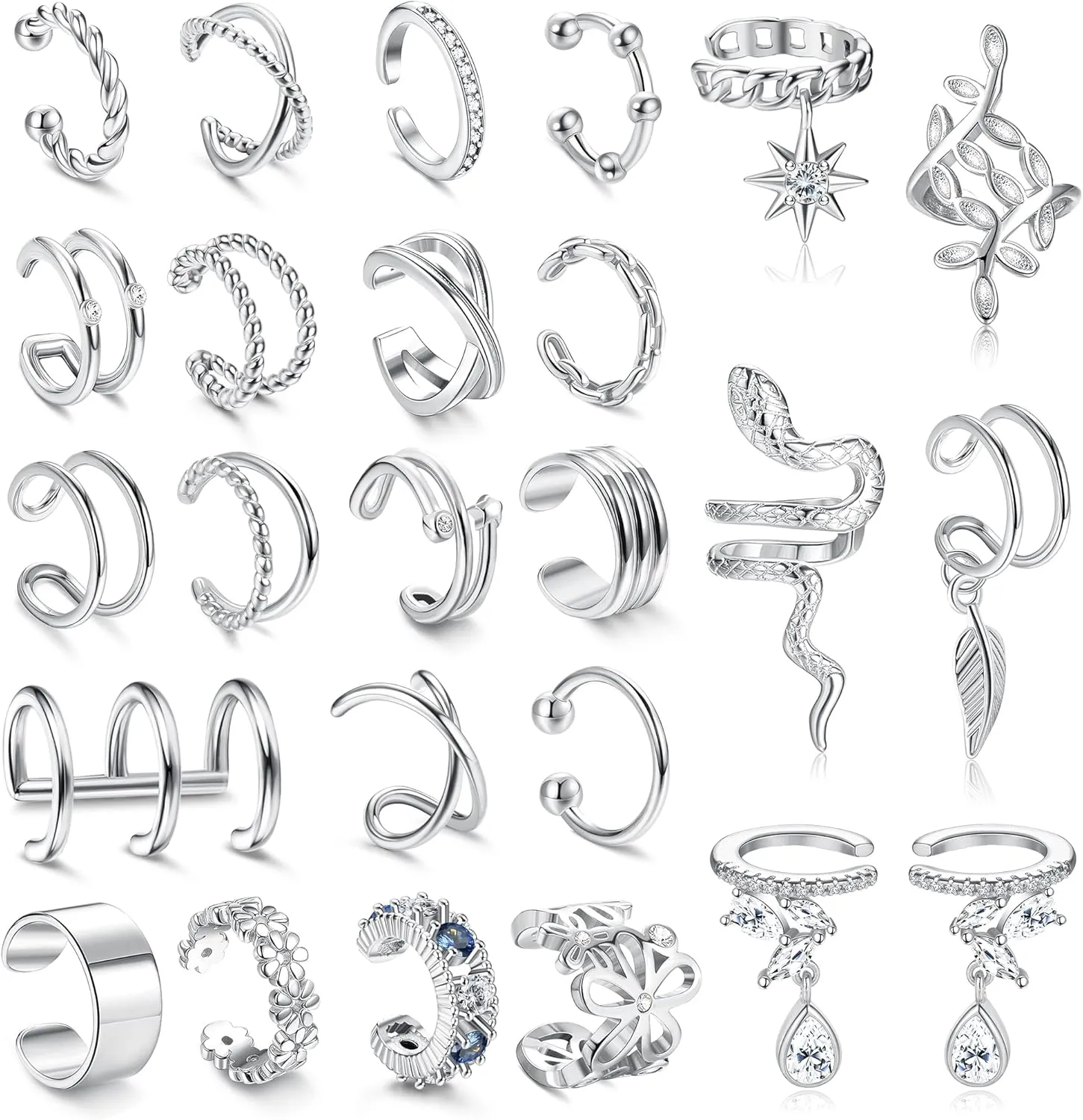 JeryWe 25 Pcs Gold Ear Cuffs for Women Non Piercing Adjustable Ear Cuff Fake Piercings Clip On Upper Ear Cartilage Earrings Helix Wrap Ear Cuff Jewelry Set Sliver