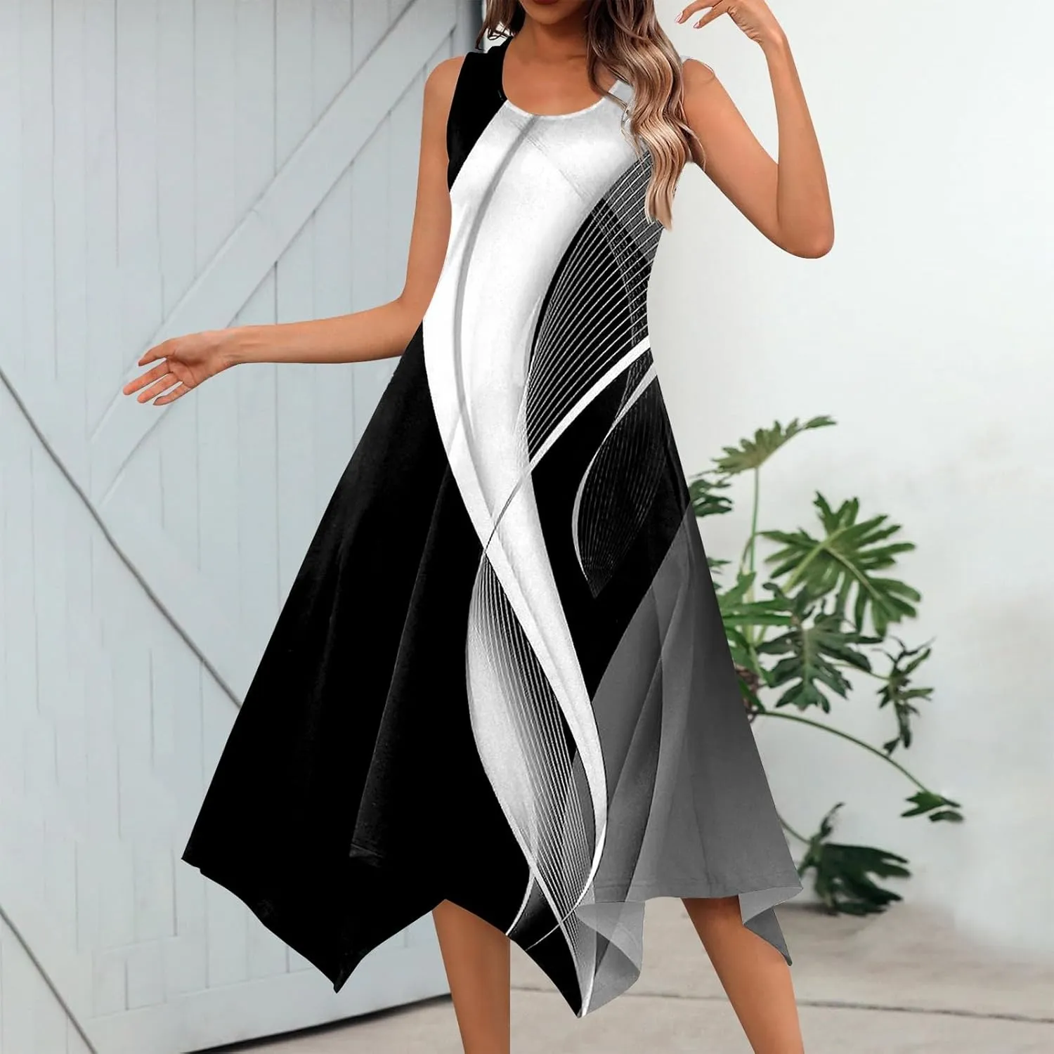 JJHAEVDY Summer Dresses for Women 2025 Round Neck Sleeveless Casual Dress Print Irregular Hem Midi Dresses Tank Daily Dresses