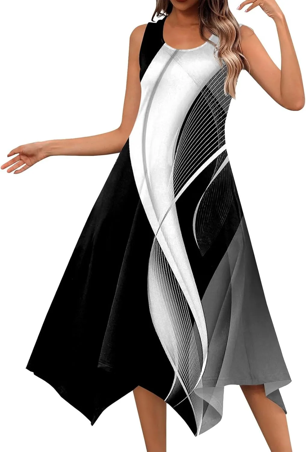 JJHAEVDY Summer Dresses for Women 2025 Round Neck Sleeveless Casual Dress Print Irregular Hem Midi Dresses Tank Daily Dresses