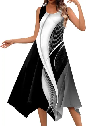 JJHAEVDY Summer Dresses for Women 2025 Round Neck Sleeveless Casual Dress Print Irregular Hem Midi Dresses Tank Daily Dresses